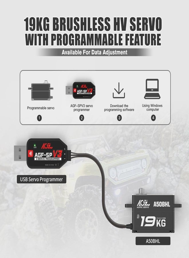 AGFRC 19KG Low-Profile Programmable RC-Steering-Servo - 0.073Sec High Speed Full Metal Gear Brushless Black Servo with 25T Metal Servo Horn for 1/10 RC Drift Car, Control Angle 180° (A50BHL) - Image 4
